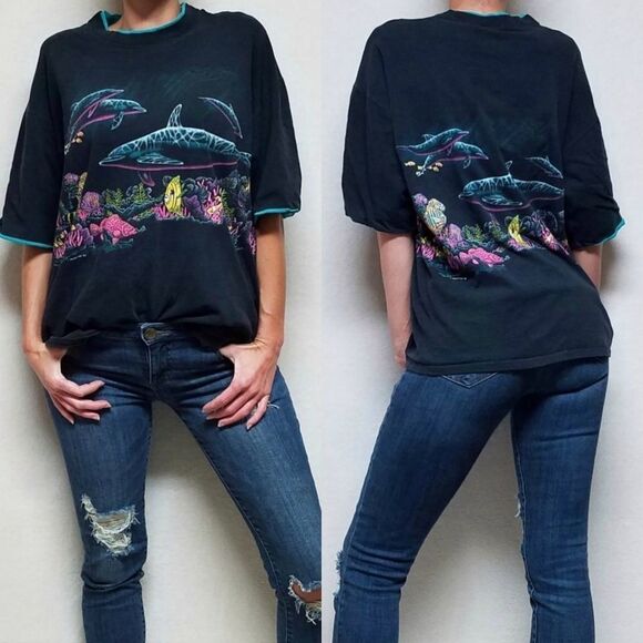 Rare Vintage 92 Habitat Cal Cru Sea Whale Tee - Picture 1 of 16